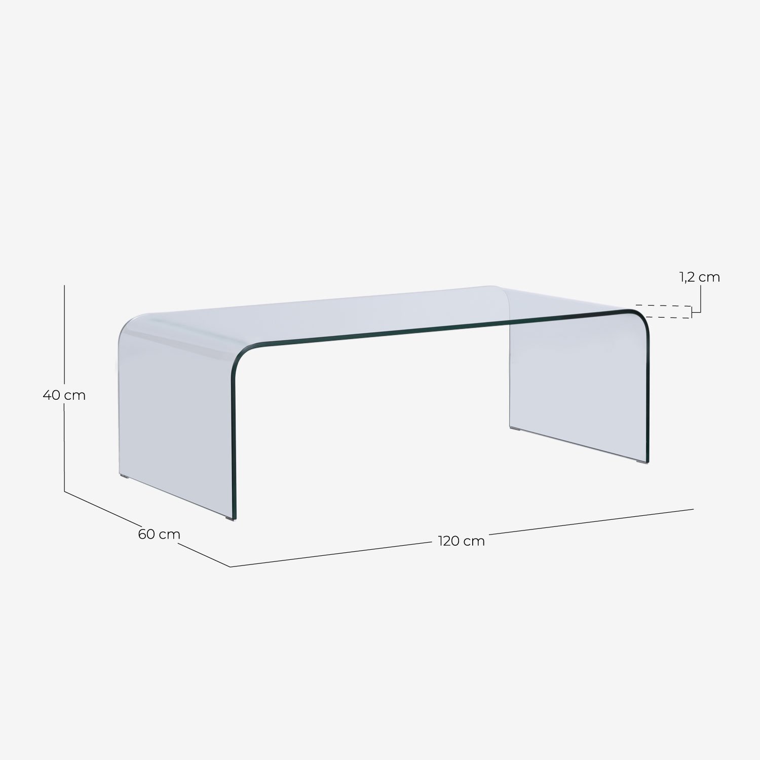 Rectangular Coffee Table in Tempered Glass (120x60 cm) Curve, measurements