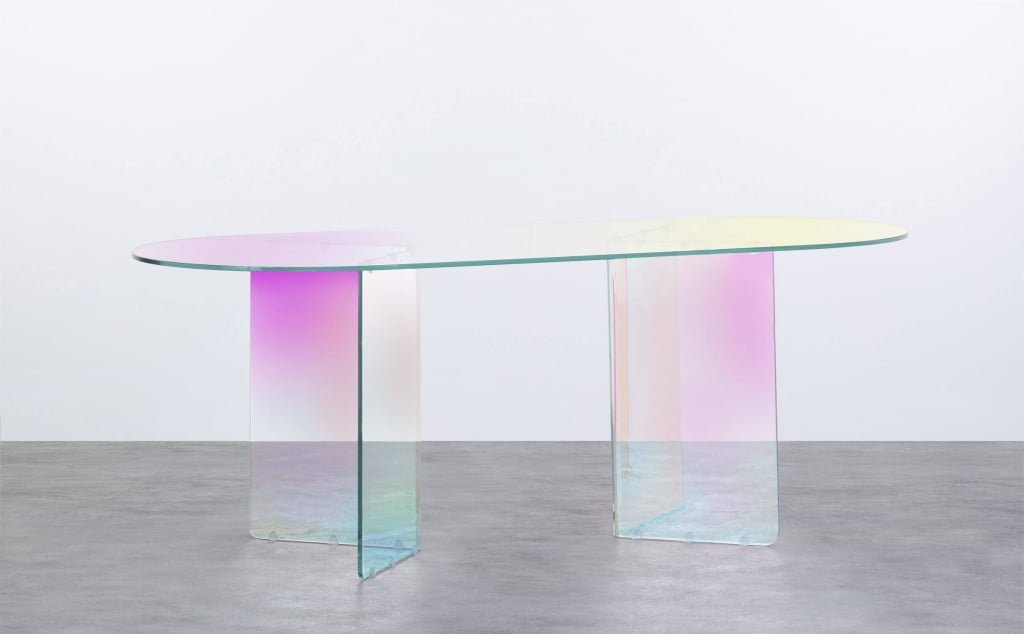 Oval Iridiscent Tempered Glass Dining Table (200x90 cm) Iris