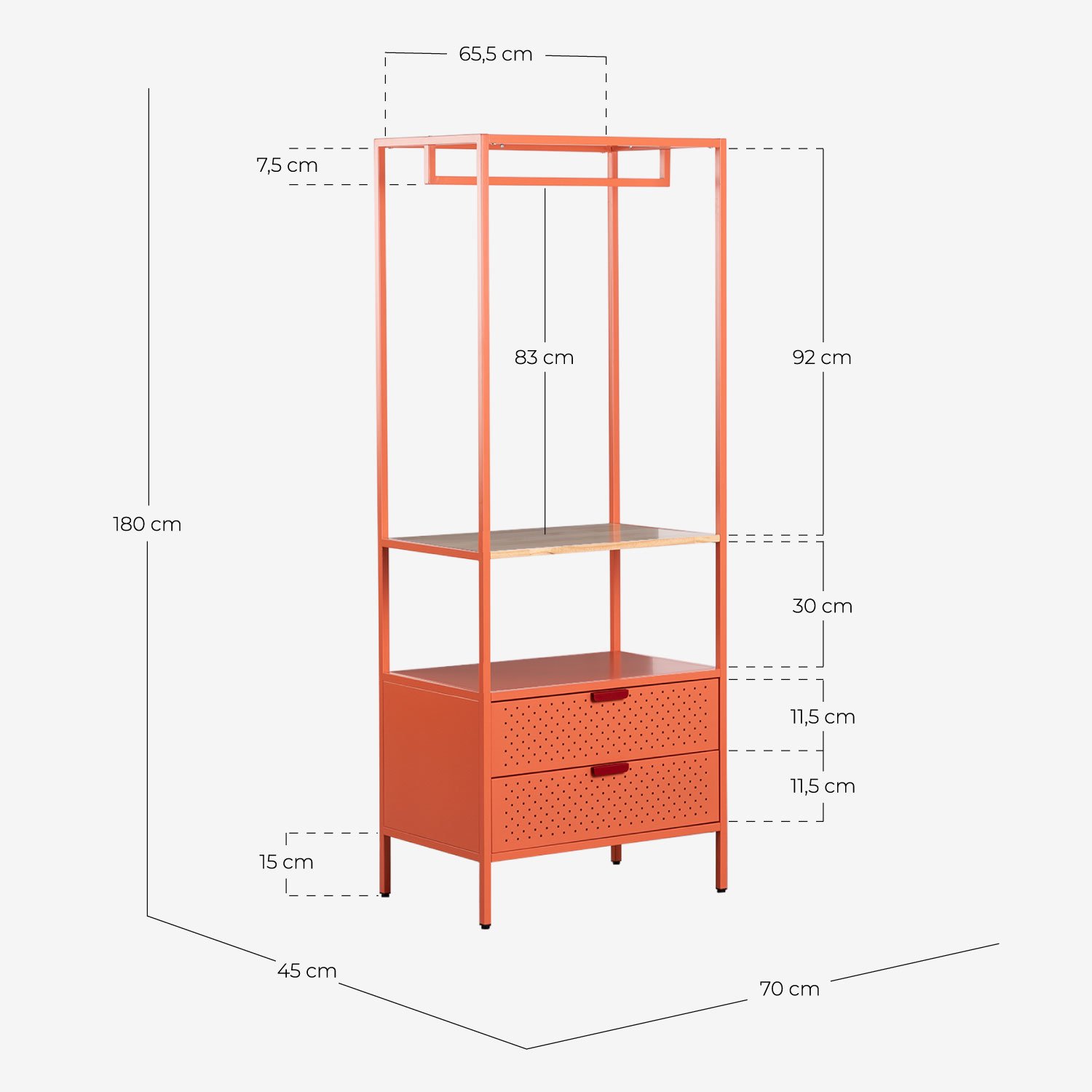 Standing Coat Rack with Shelf and Two Drawers in Laminated Steel and Pine Wood (180x70 cm) Varys, measurements