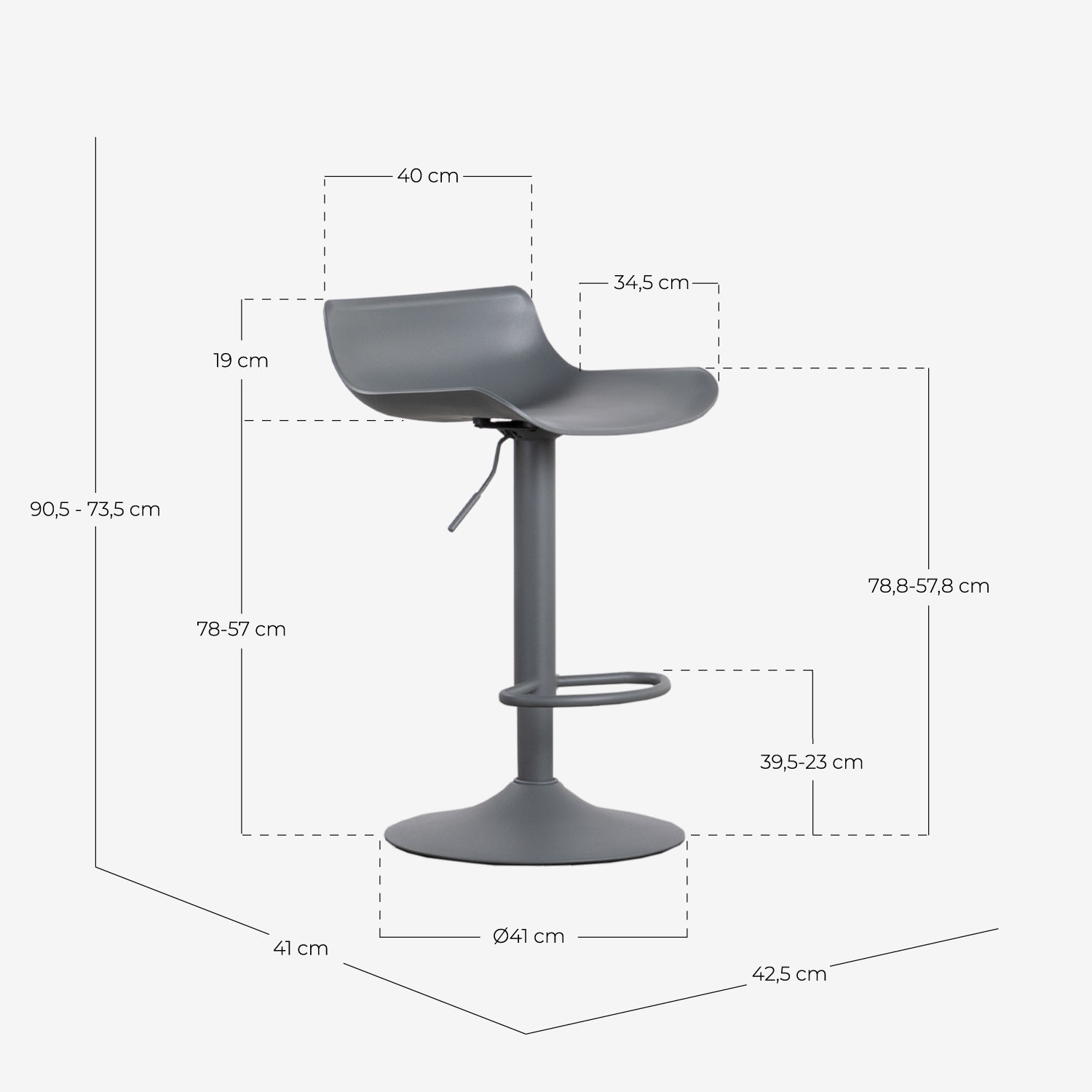 Pack of 2 Adjustable High Stools in Polyethylene and Metal Corea, measurements