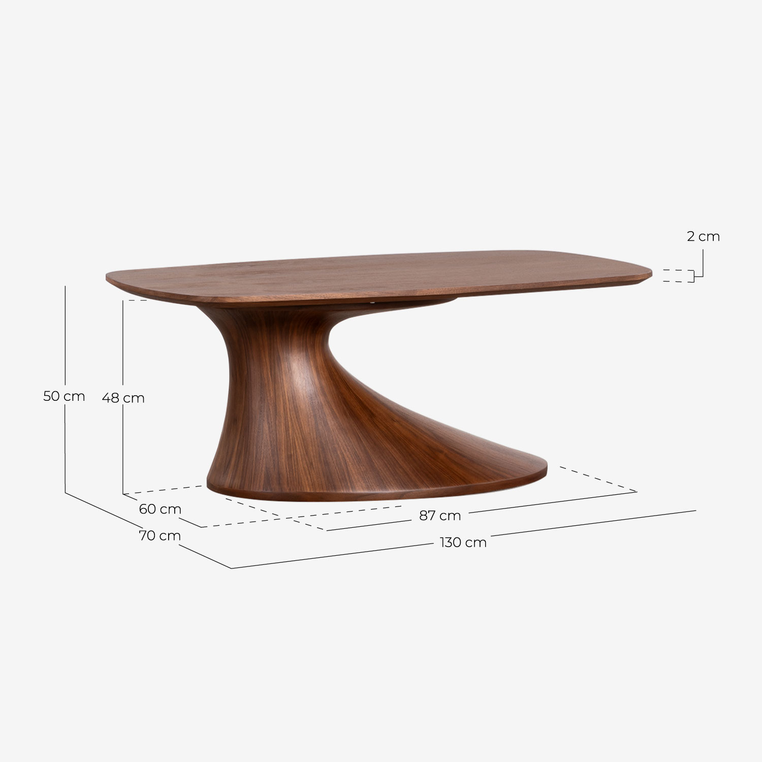 Rectangular Wood and Fiberglass Coffee Table (130x70 cm) Flawas, measurements