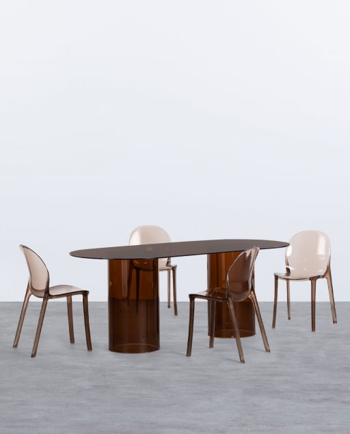 Curved Glass Oval Dining Table Set (200x90 cm) Kolu and 4 Imatra Polycarbonate Chairs