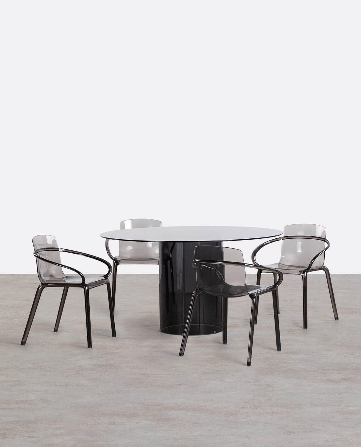 Round Tempered Glass Kolu Dining Table Set and 4 Zuera Polycarbonate Chairs, gallery image 1