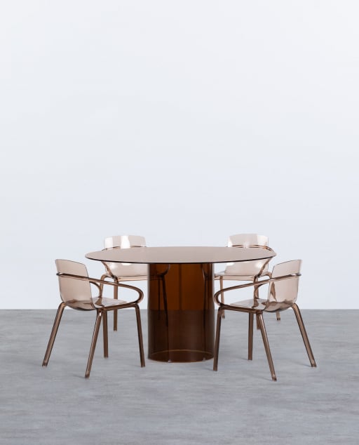 Round Tempered Glass Kolu Dining Table Set and 4 Zuera Polycarbonate Chairs