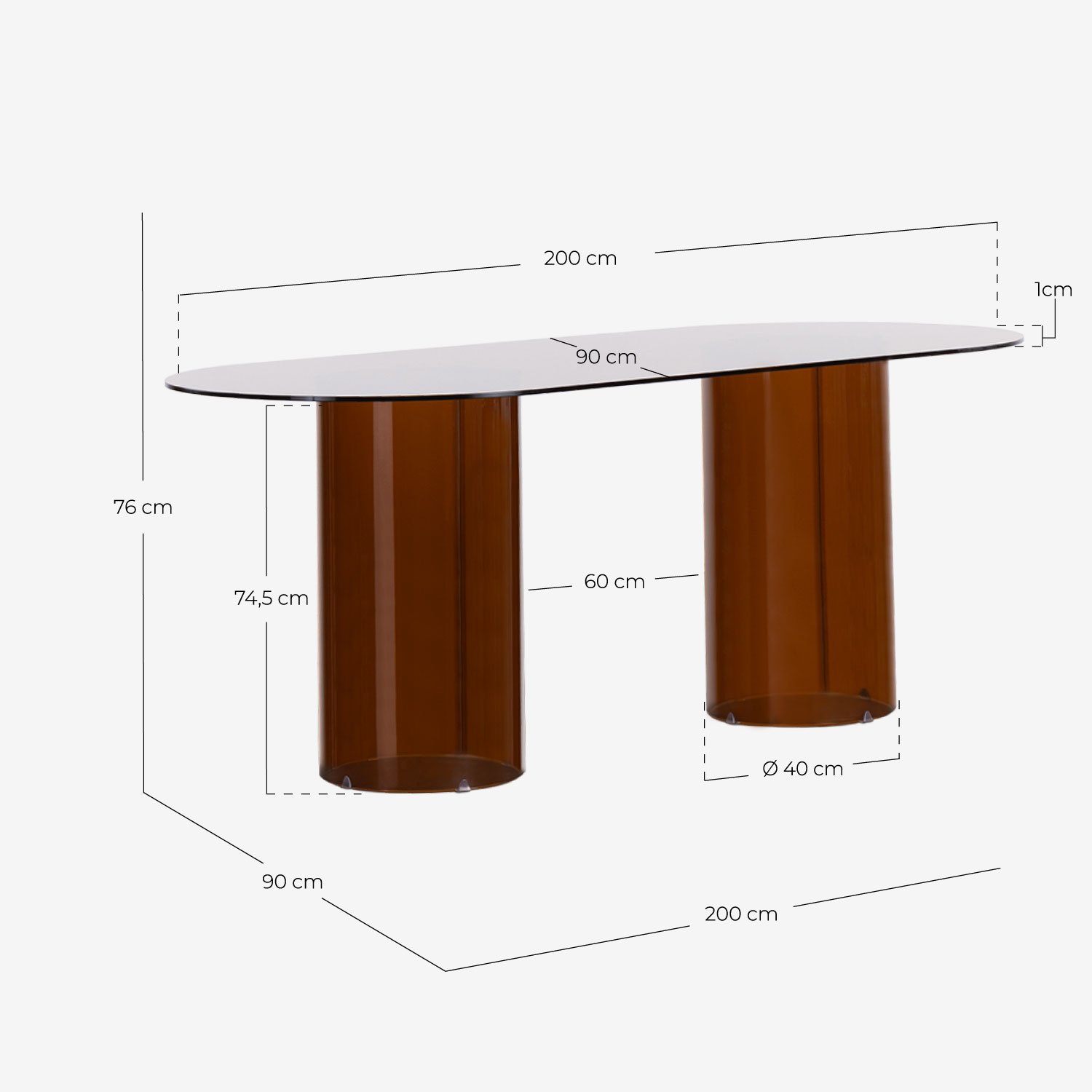 Curved Glass Oval Dining Table Set (200x90 cm) Kolu and 4 Imatra Polycarbonate Chairs, measurements