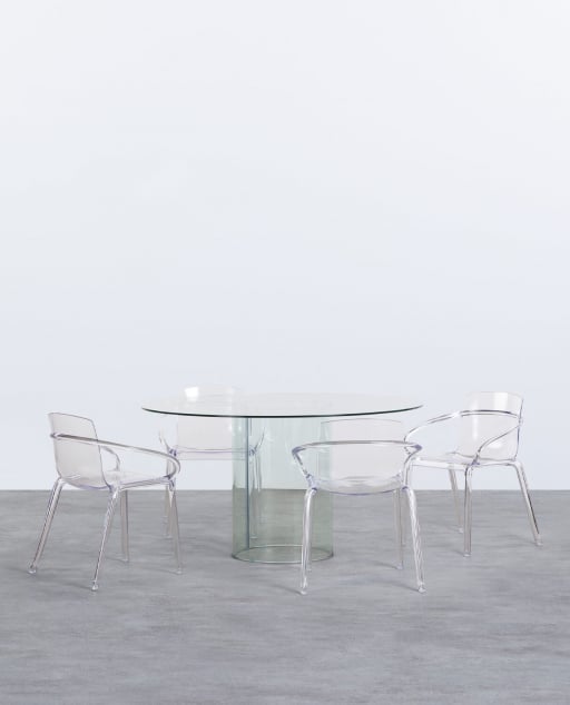 Round Tempered Glass Kolu Dining Table Set and 4 Zuera Polycarbonate Chairs