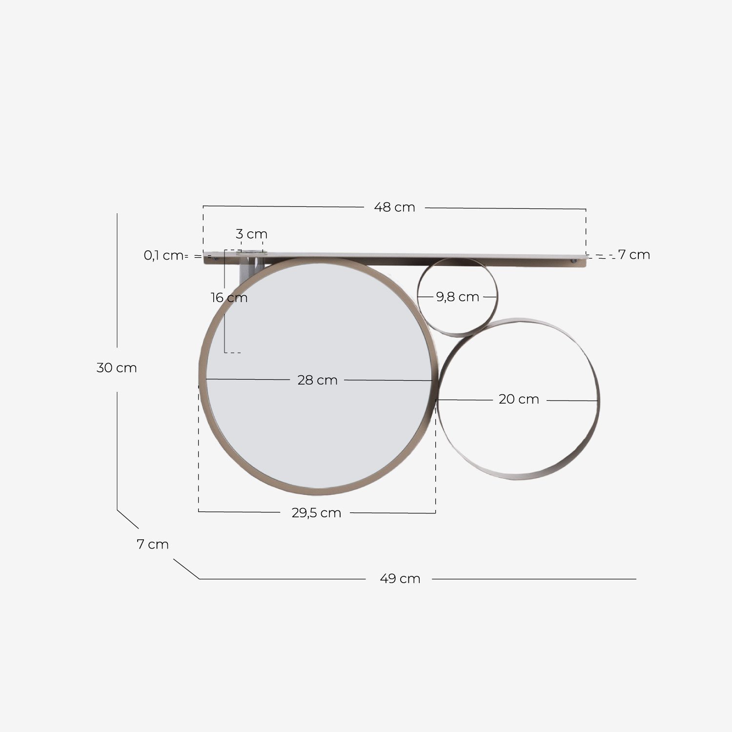 Wall Mirror with Metal Shelf (Ø28 cm) Elara, measurements