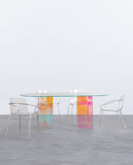Set of Iris Iridiscent Tempered Glass Dining Table and 4 Polycarbonate Chair Zuera