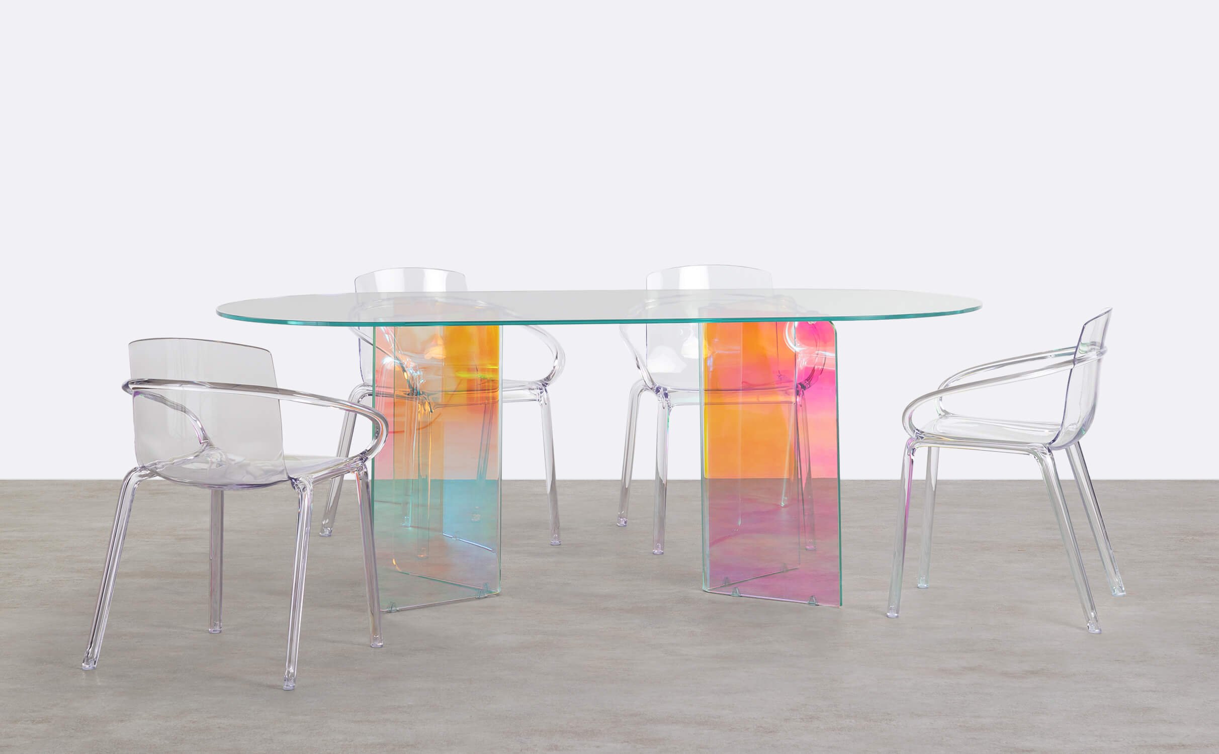 Set of Iris Iridiscent Tempered Glass Dining Table and 4 Polycarbonate Chair Zuera, gallery image 1