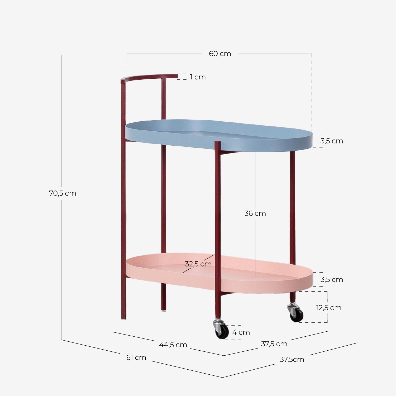 Metal Waiter Trolley Ilse, measurements