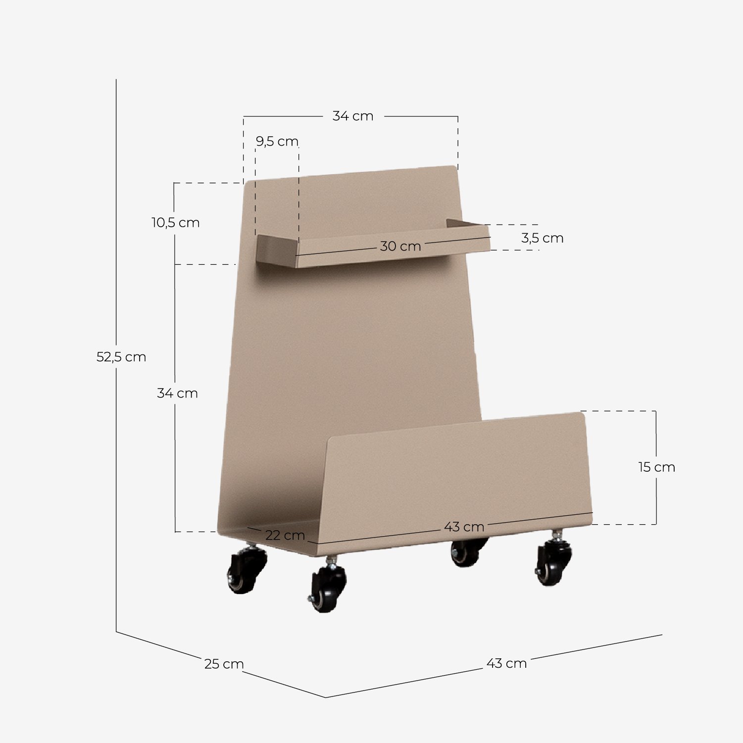 Auxiliary Cart with Metal Shelf Izan, measurements