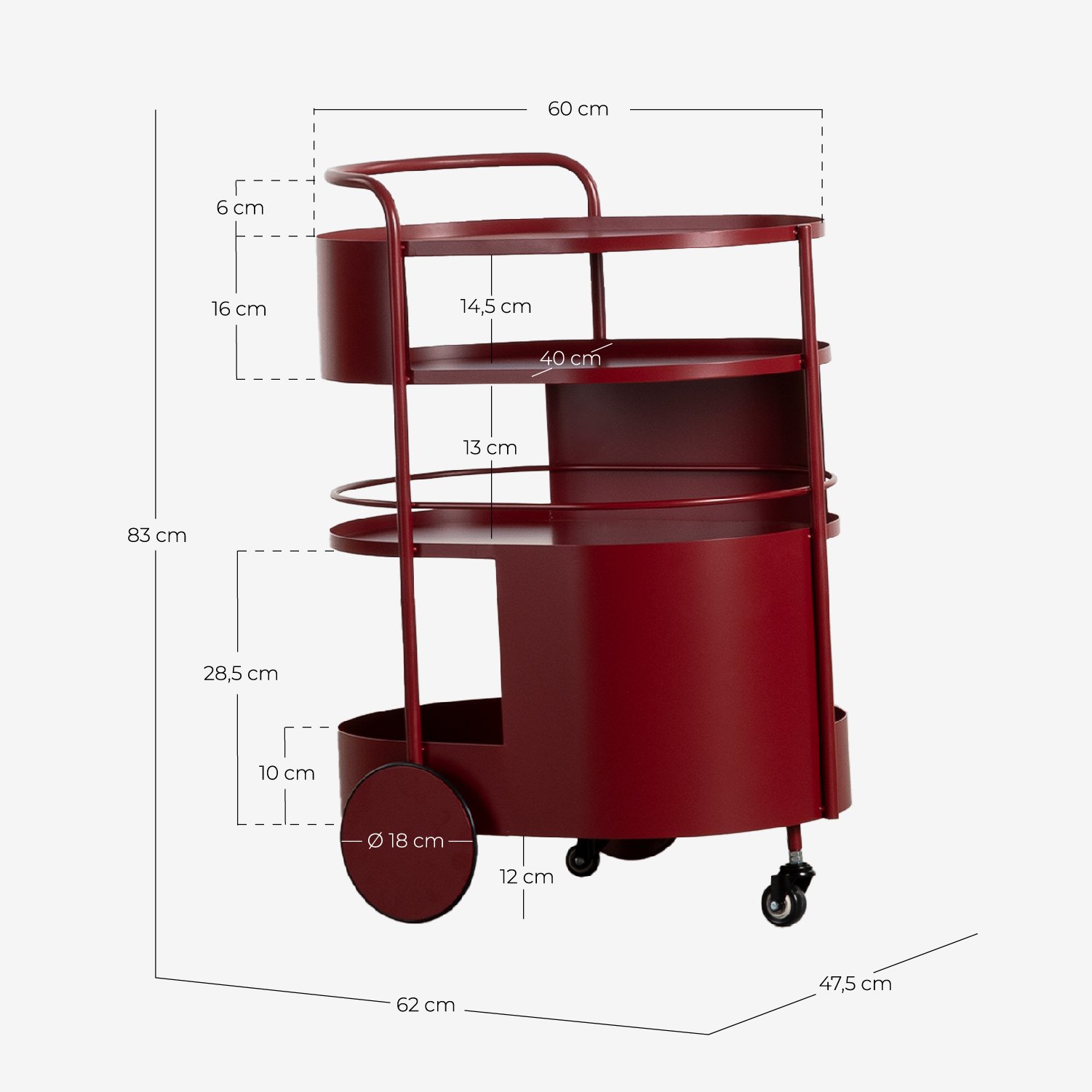Metal Waitress Cart Baena, measurements