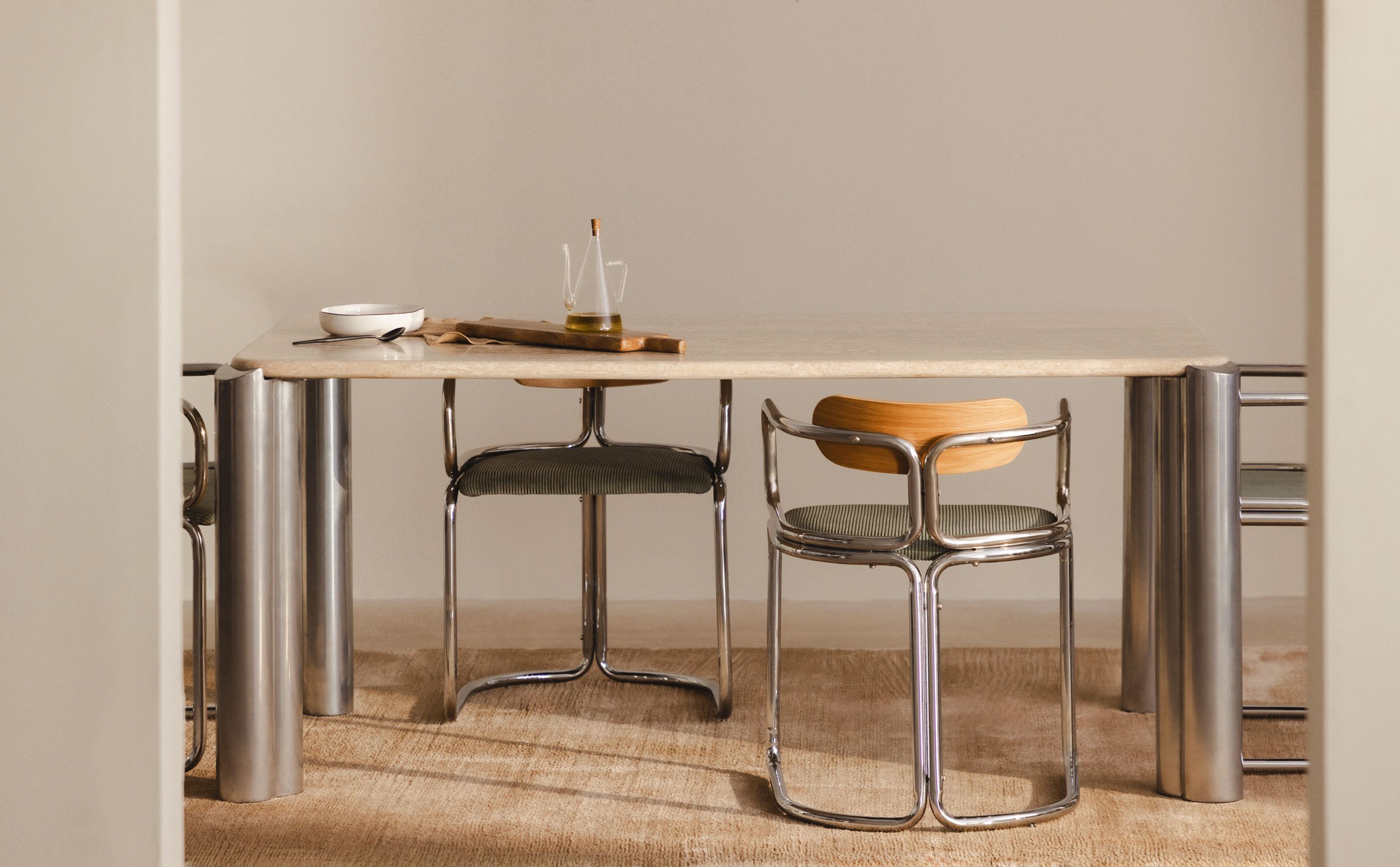 Rectangular Dining Table with Travertine Marble Top (174x91 cm) Ethel, gallery image 1