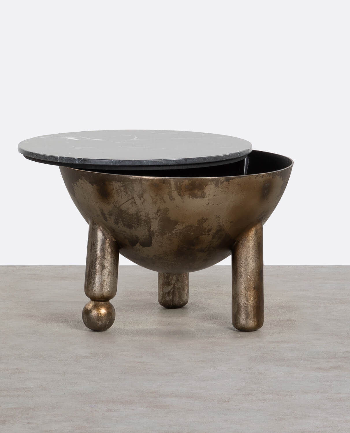 Round Coffee Table with Storage in Travertine Marble and Metal (Ø60 cm) Lefti, gallery image 2