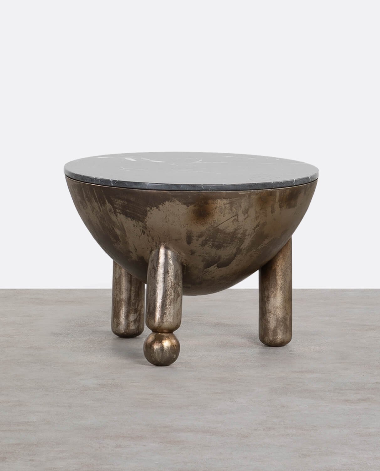 Round Coffee Table with Storage in Travertine Marble and Metal (Ø60 cm) Lefti, gallery image 1