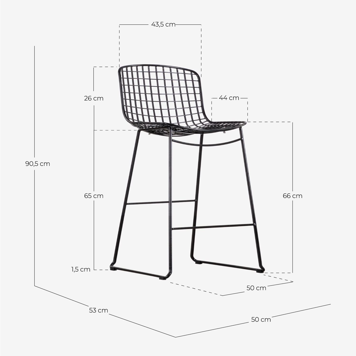 Pack 2 High Steel Stools (66 cm) Low Backrest Aras Trend, measurements