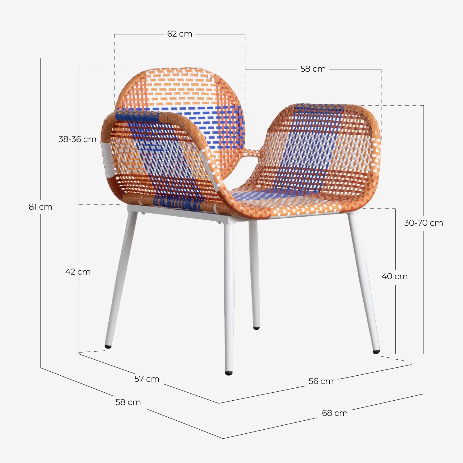 Pack of 2 Aluminum and Synthetic Rattan Armchairs Emba Studio, measurements