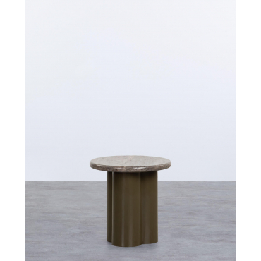 Round Travertine Marble and Metal Side Table (Ø40 cm) Trébolo Marble Dark Travertine - The Masie