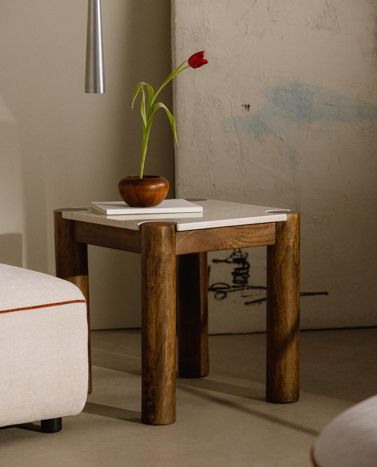 Square Side Table in Botticino Marble and Mango Wood (50x50 cm) Dublin, gallery image 2