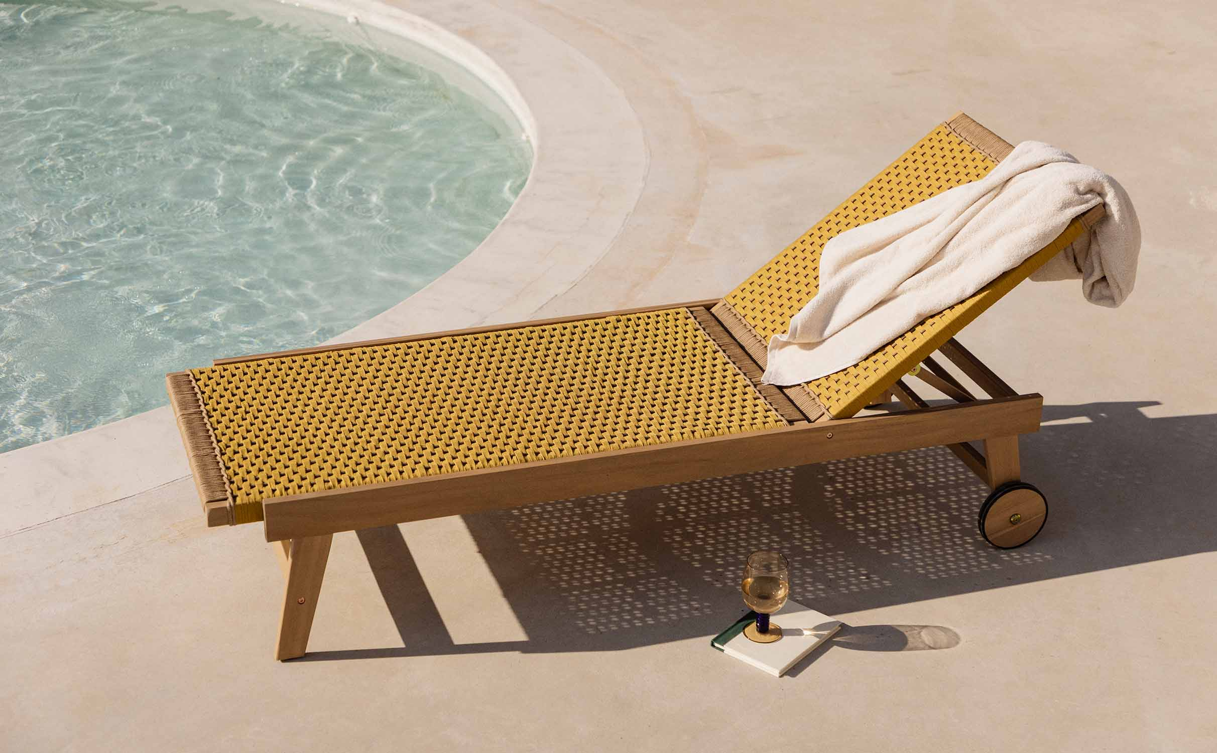 Mirle Acacia Wood and Rope Wheeled Lounger, gallery image 1