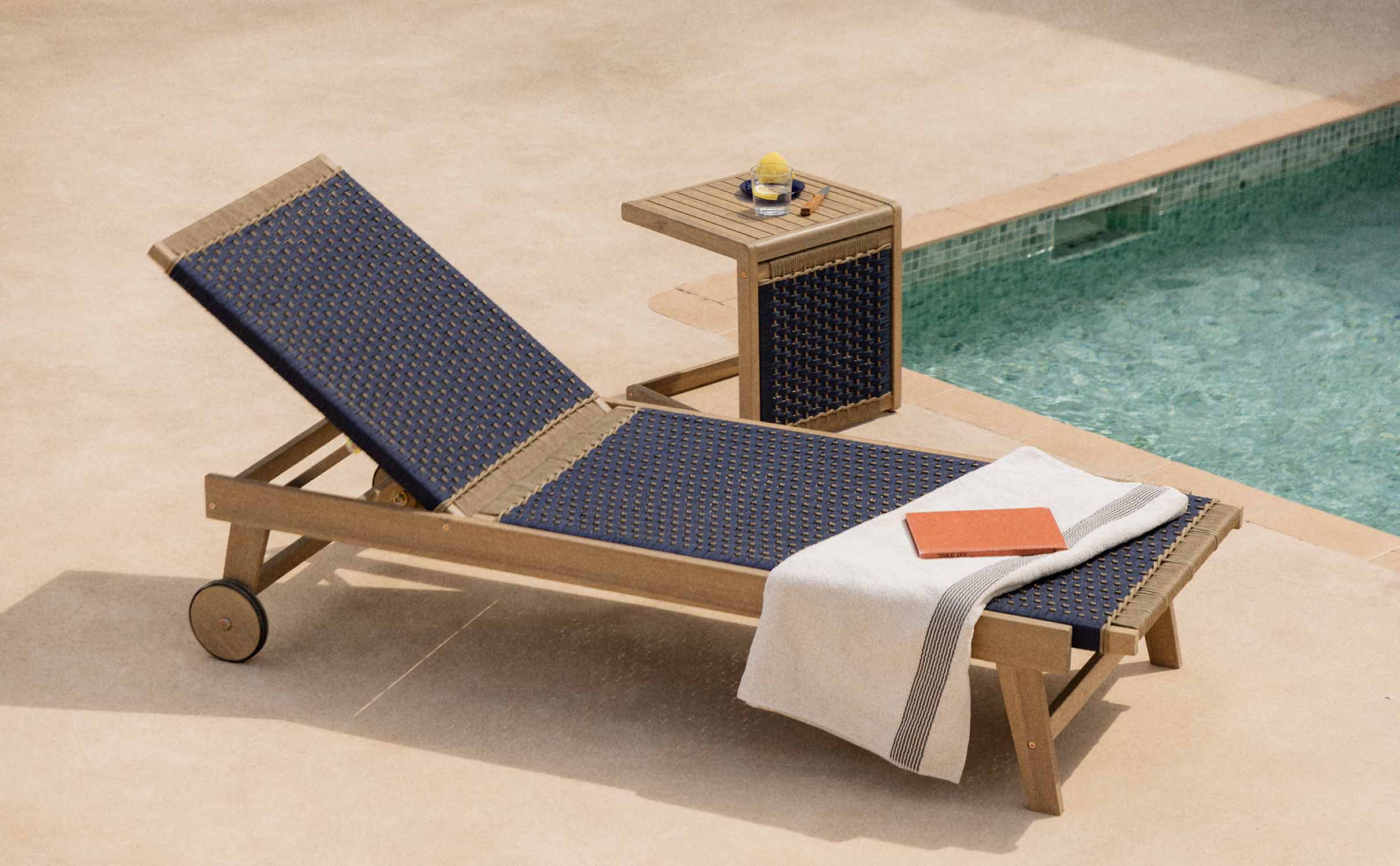 Mirle Acacia Wood and Rope Wheeled Lounger, gallery image 1