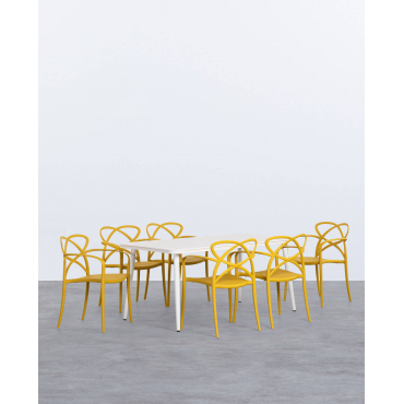 Cancun Rectangular Aluminum Table Set and 6 Polypropylene Chairs with Outdoor Armrests Cielo Yellow Curry - The Masie