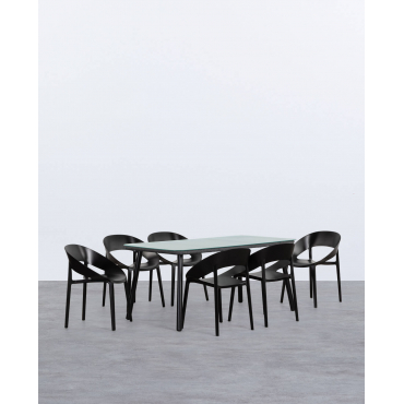 Drian Rectangular Aluminum and Glass Table Set and 6 Lara Outdoor Polypropylene Chairs Black Obsidian - The Masie