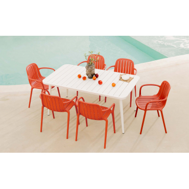 Cancun Rectangular Aluminum Table Set and 6 Polypropylene Outdoor Chairs Brand Red Brick - The Masie