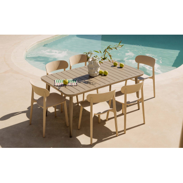 Rectangular Aluminum Table Set Cancun and 6 Polypropylene Outdoor Chairs Briel Beige Seashell - The Masie