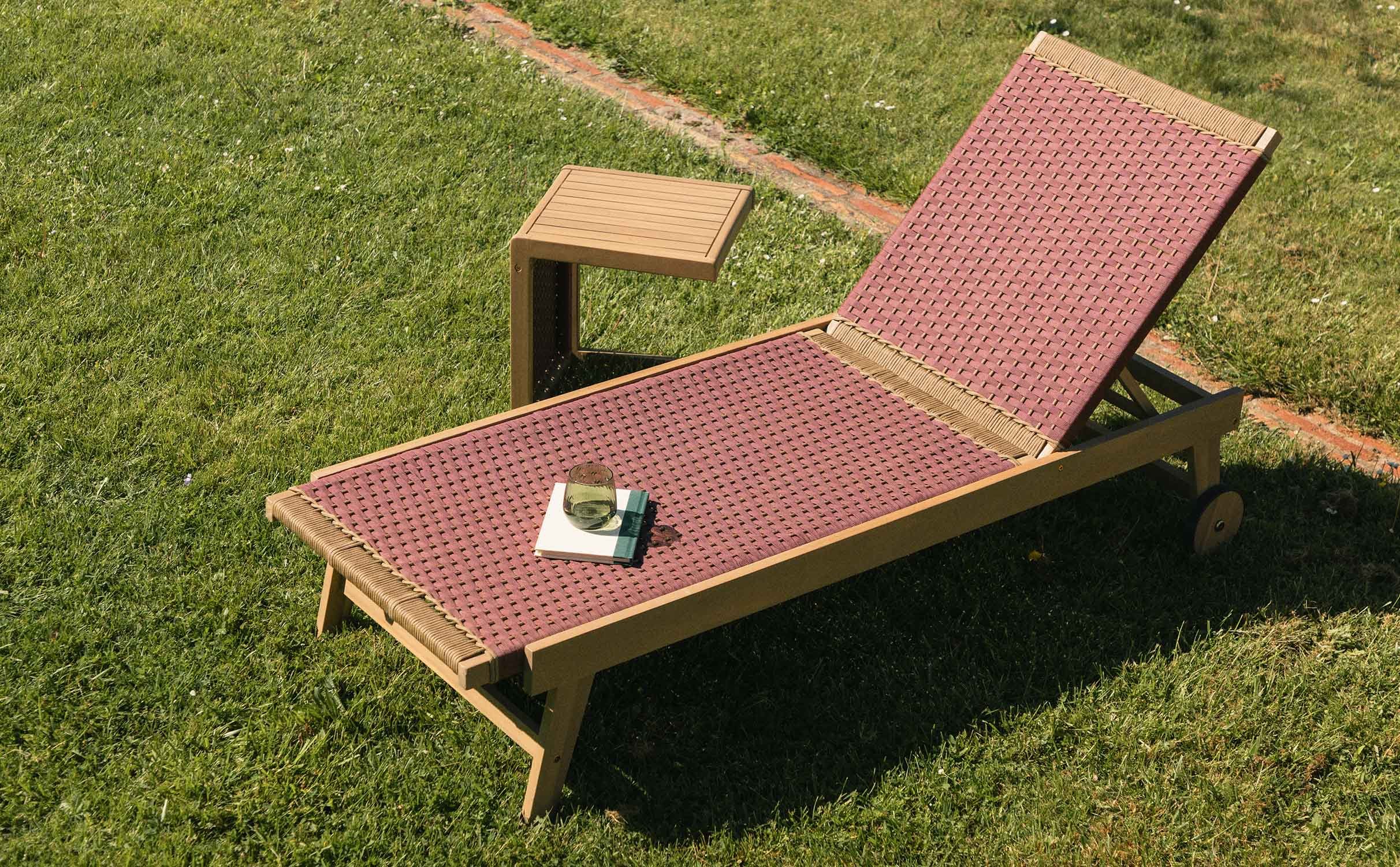 Mirle Acacia Wood and Rope Wheeled Lounger, gallery image 1