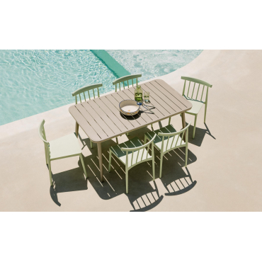 Rectangular Aluminum Table Set Cancun and 6 Sunty Outdoor Polypropylene Chairs Green Sage - The Masie