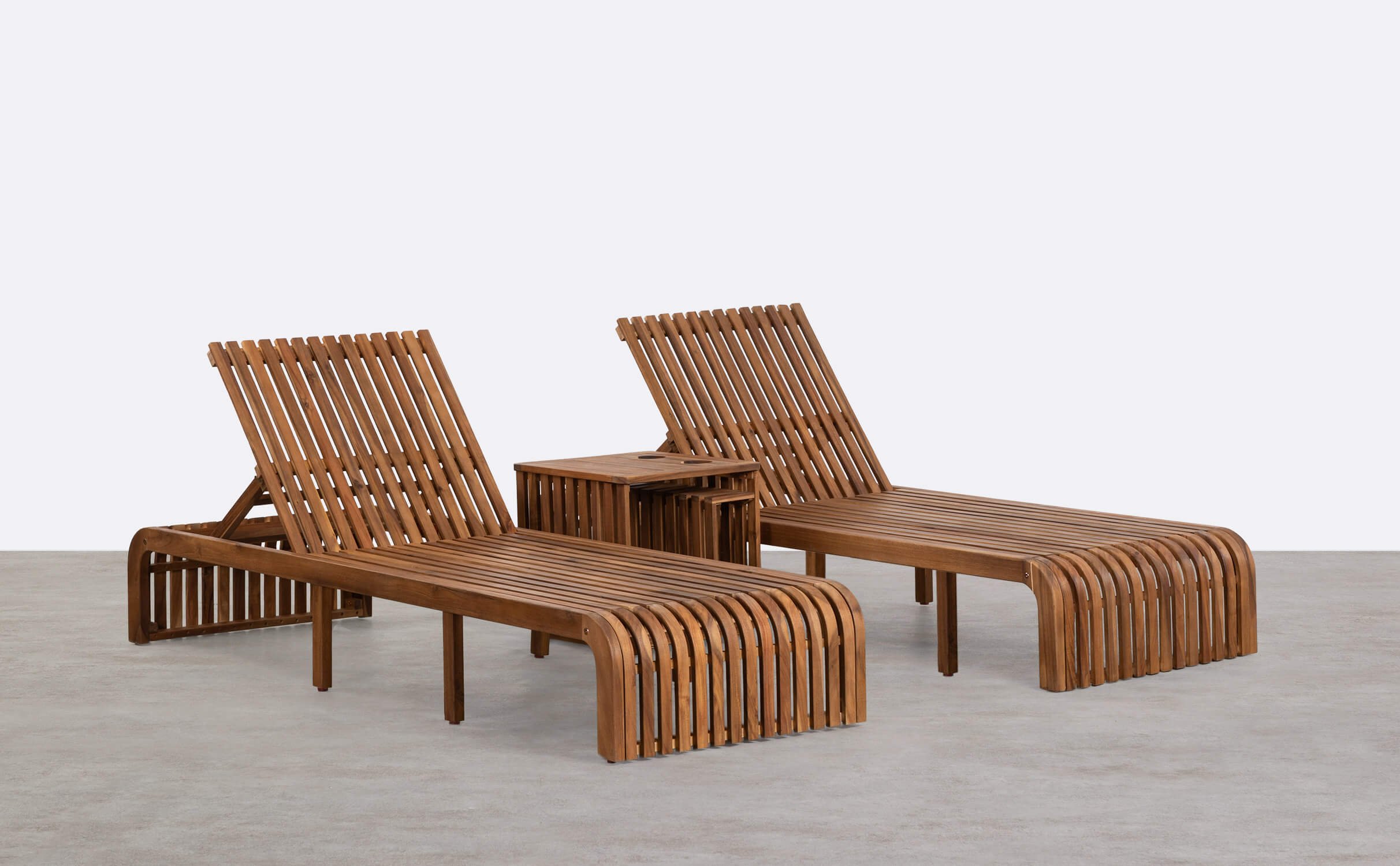 Pack of 2 Hazan Trend Acacia Wood Sun Loungers and Side Table, gallery image 1