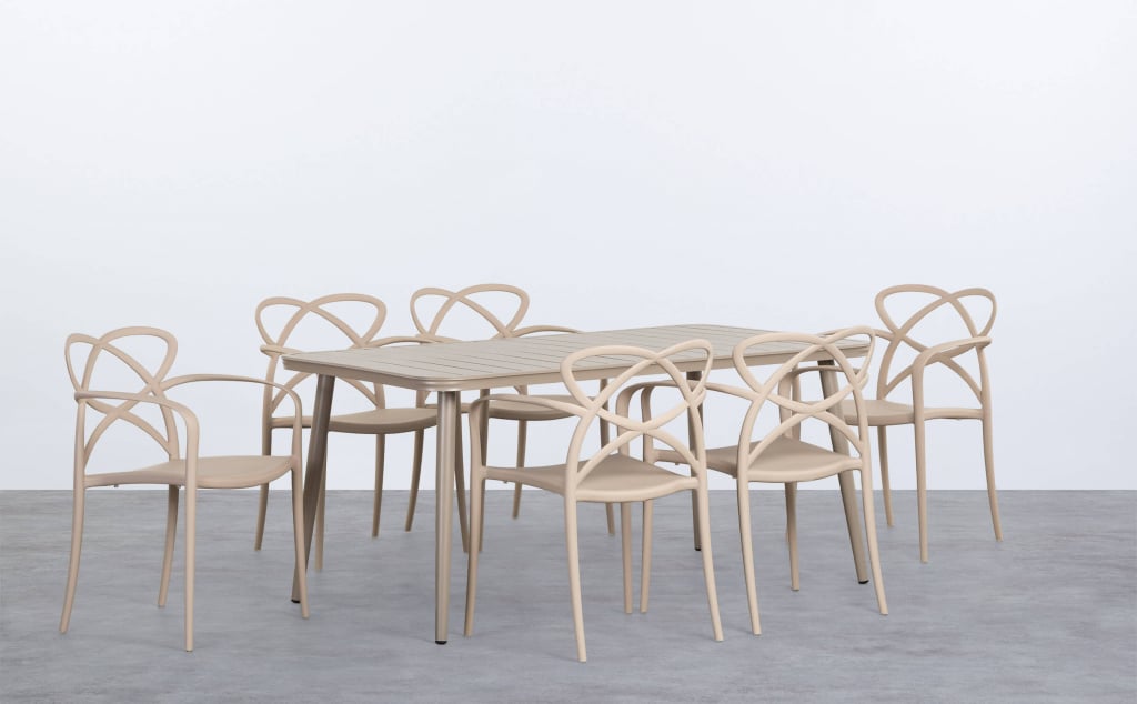 Cancun Rectangular Aluminum Table Set and 6 Polypropylene Chairs with Outdoor Armrests Cielo