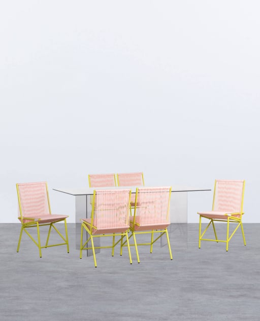 Kamil Rectangular Glass Dining Table Set and 6 Amur Rattan and Metal Chairs