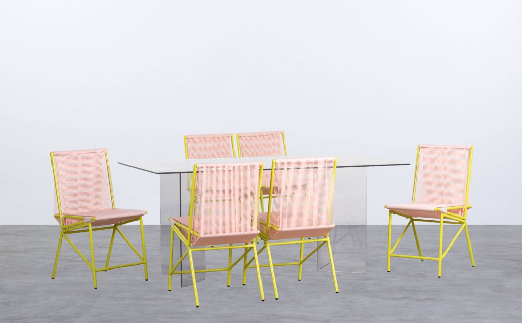 Kamil Rectangular Glass Dining Table Set and 6 Amur Rattan and Metal Chairs
