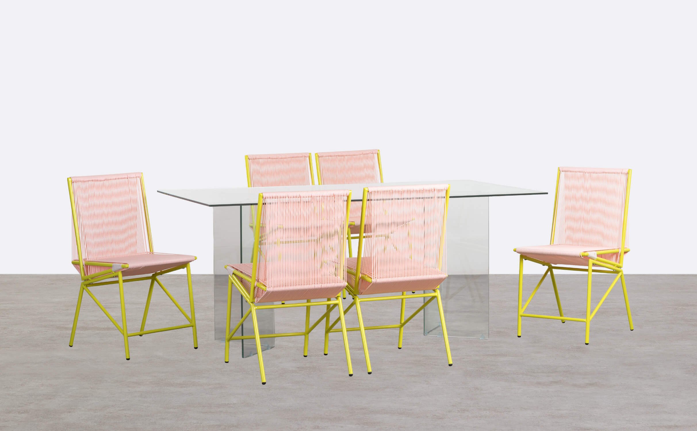 Kamil Rectangular Glass Dining Table Set and 6 Amur Rattan and Metal Chairs, gallery image 1