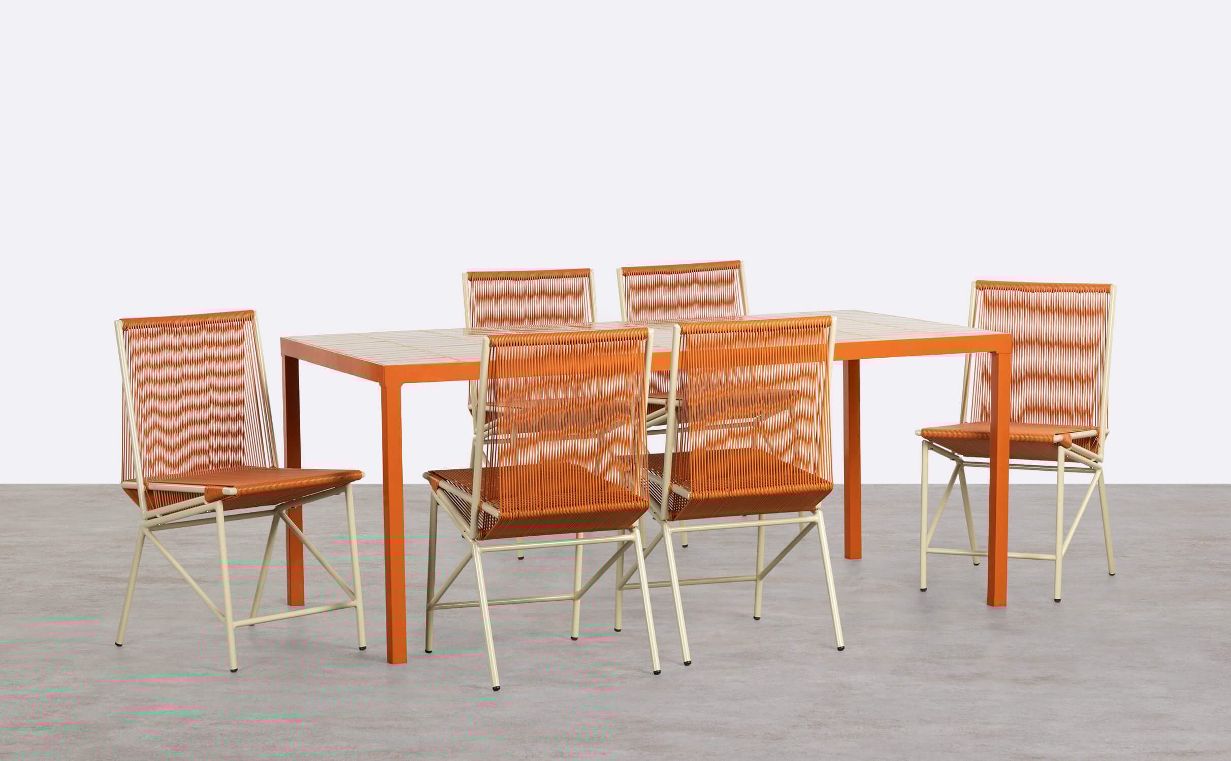 Rectangular Dining Table Set with Zafiro Ceramic and 6 Amur Rattan and Metal Chairs, gallery image 1