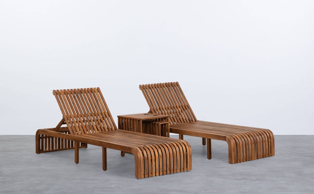 Pack of 2 Hazan Trend Acacia Wood Sun Loungers and Side Table