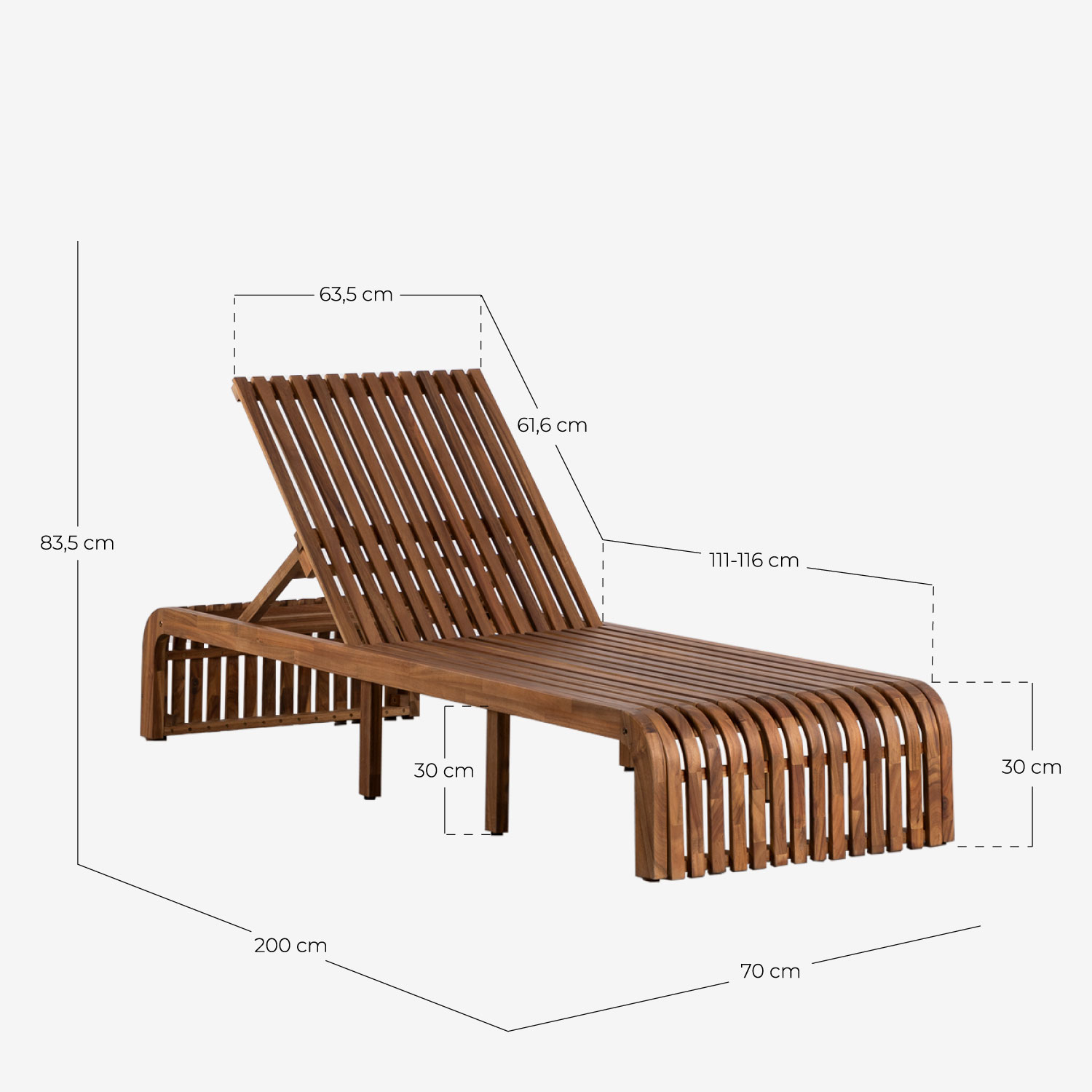 Pack of 2 Hazan Trend Acacia Wood Reclining Sun Loungers, measurements