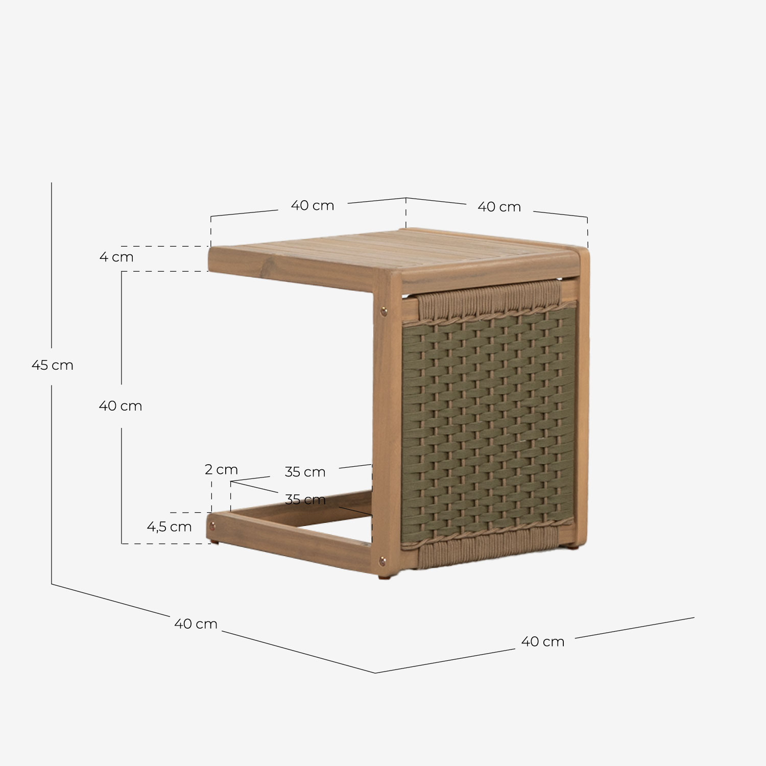 Acacia Wood and Rope Side Table (40x40 cm) Mirle, measurements
