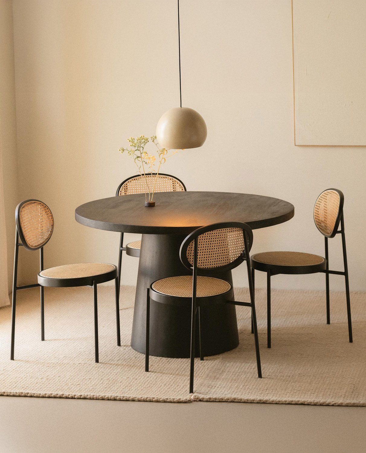 Doran Round Wooden Dining Table Set and 4 Vili Natural Rattan Chairs, gallery image 2