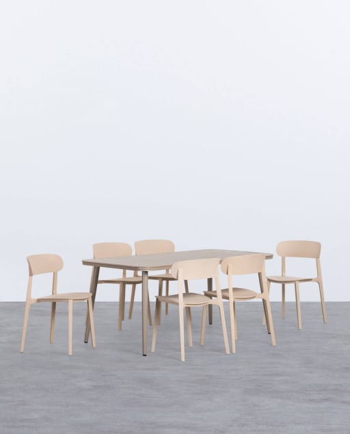 Cancun Rectangular Aluminum Table Set (160x90 cm) and 6 Briel Outdoor Polypropylene Chairs - Beige Seashell