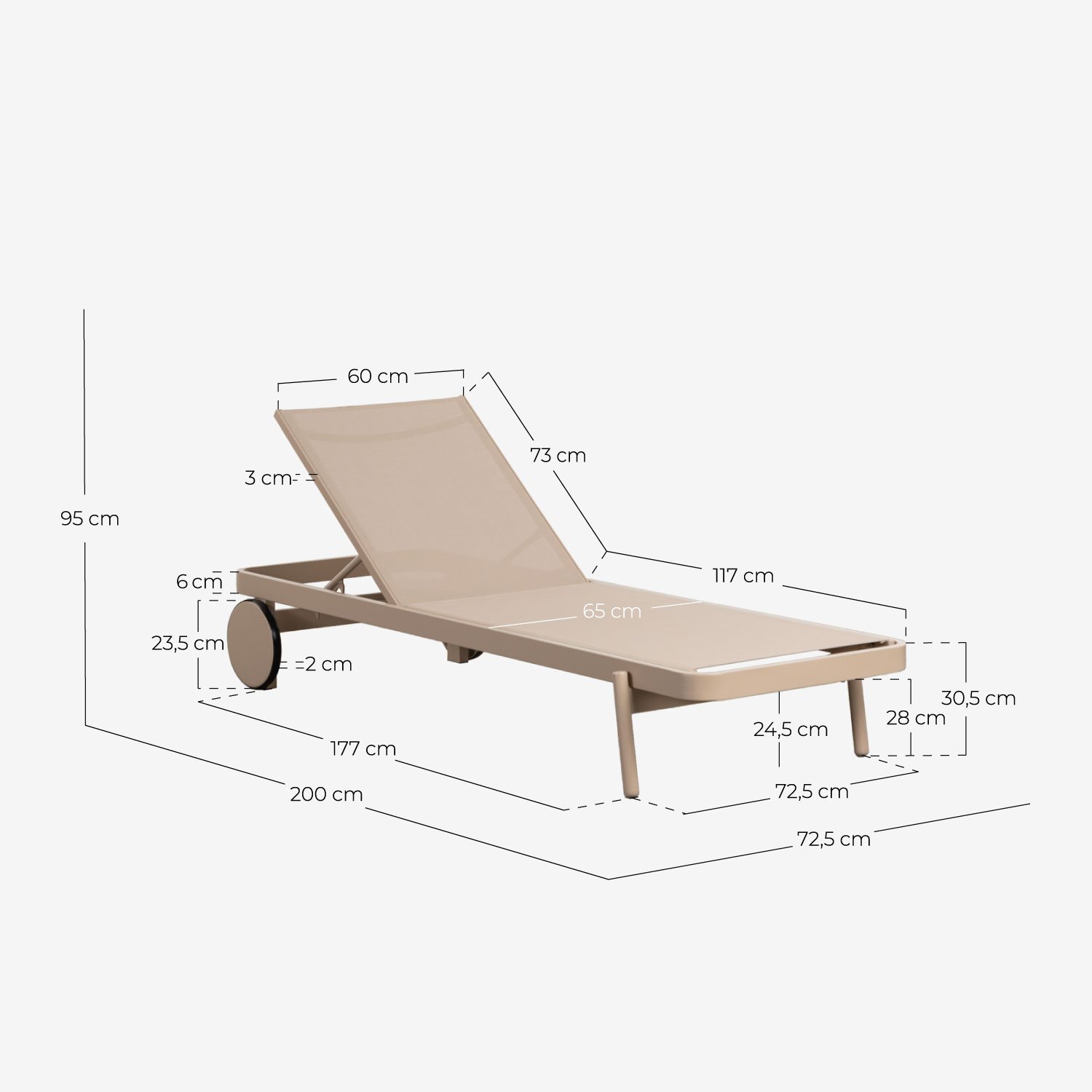 Reclining Lounger in Aluminum and Celina Fabric, measurements