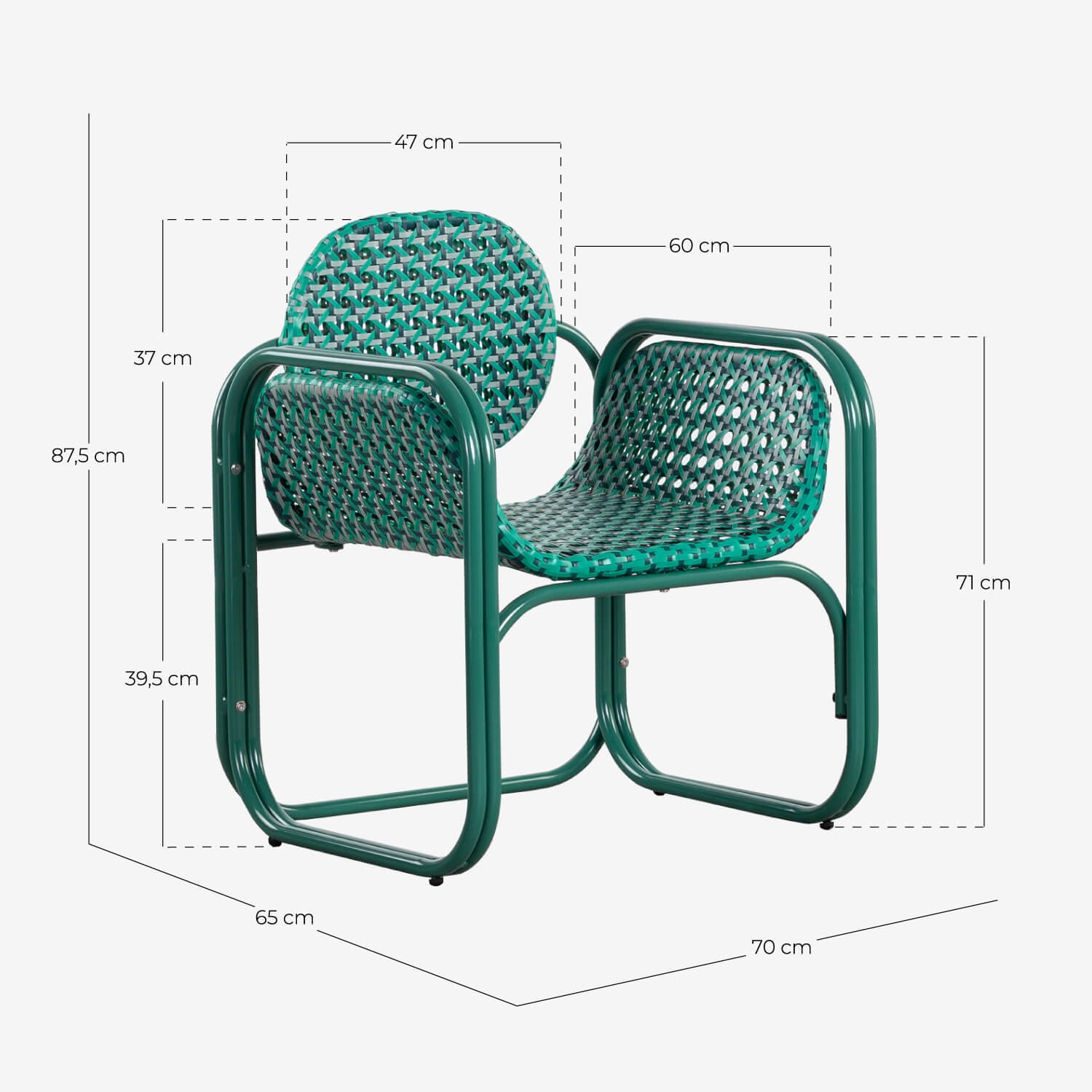 Armchair with Aluminium Armrests and Synthetic Rattan Roys, measurements