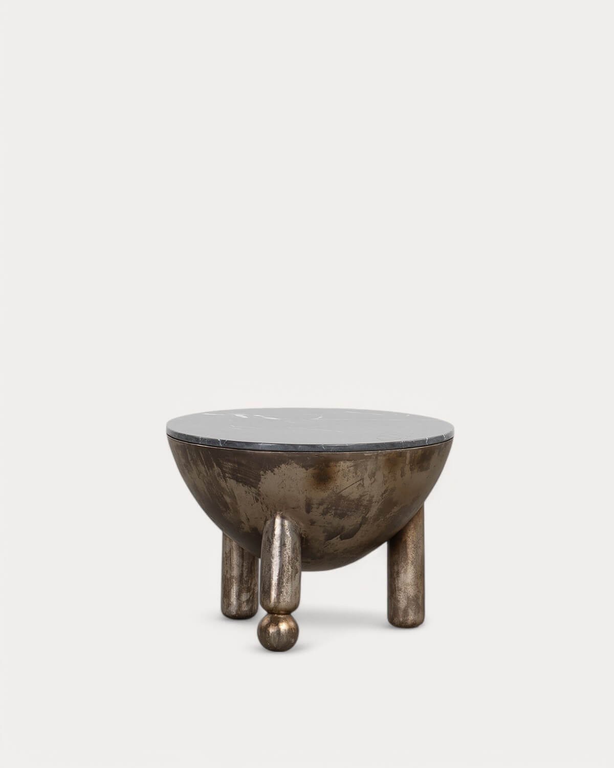 Round Coffee Table with Storage in Travertine Marble and Metal (Ø60 cm) Lefti, gallery image 3