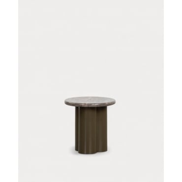 Round Travertine Marble and Metal Side Table (Ø40 cm) Trébolo Marble Dark Travertine - The Masie