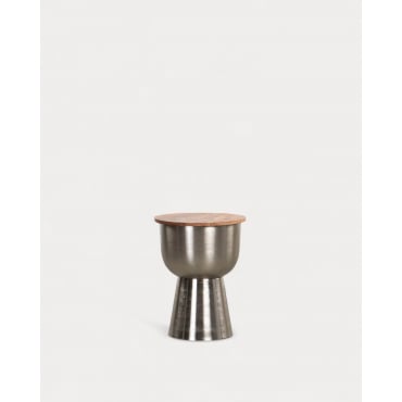 Round Acacia Wood and Metal Side Table (Ø43 cm) Binchi Brushed Grey - The Masie
