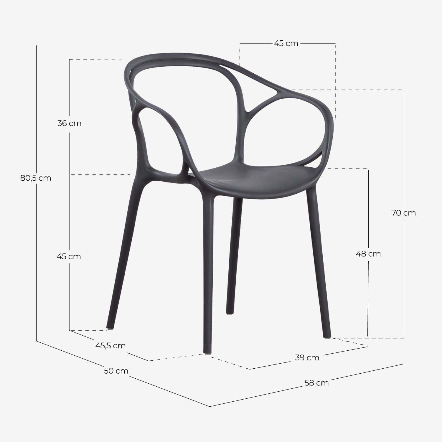 Pack of 2 Polypropylene Outdoor Chairs with Armrests Erbra, measurements