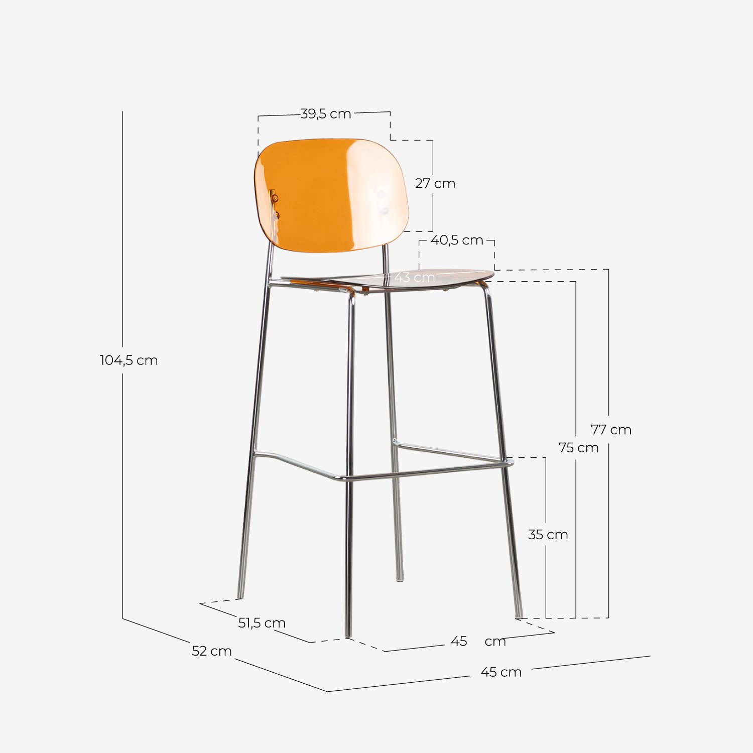 Pack 4 High Polyethylene and Metal Stools (77 cm) Pinha, measurements