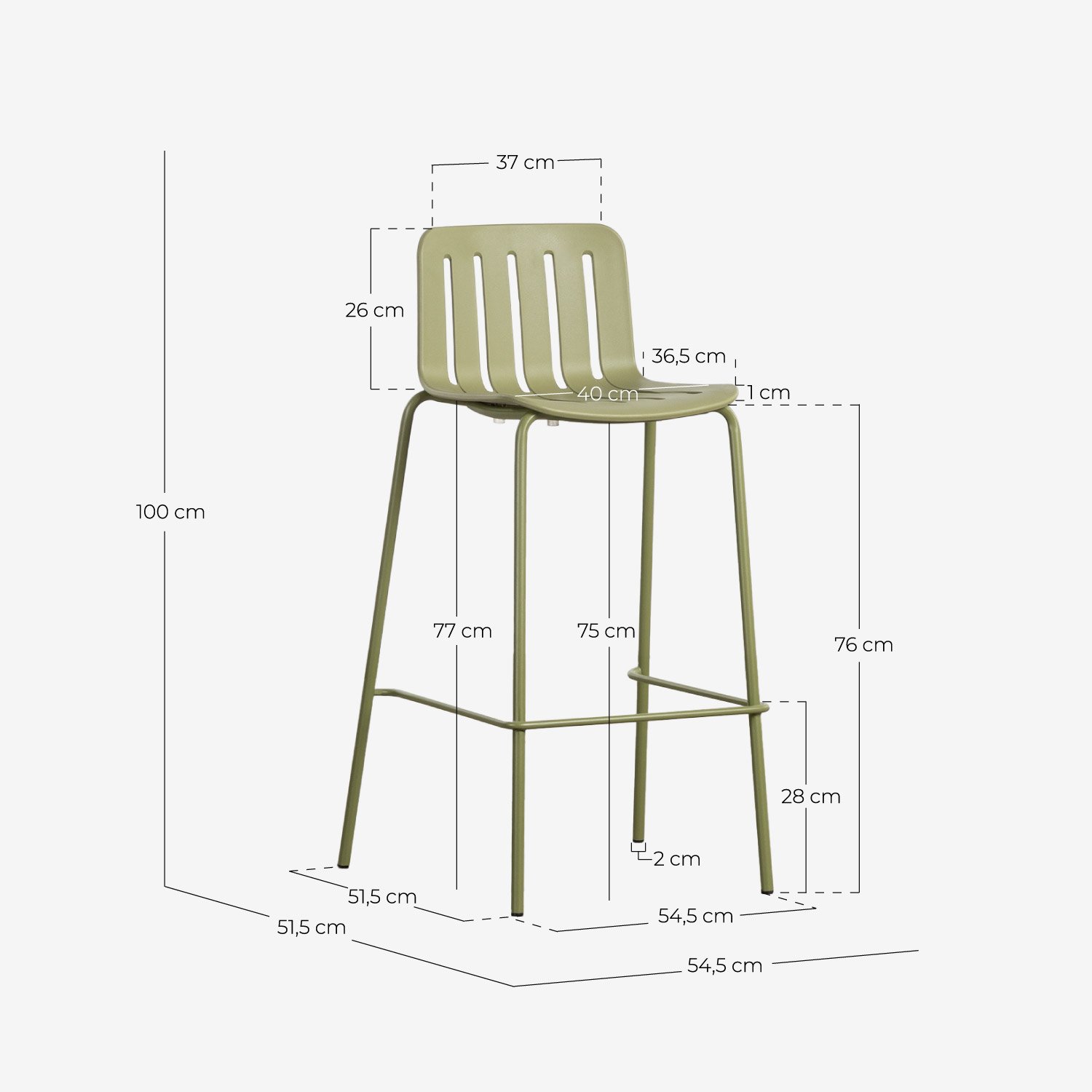 Pack 4 High Stools Outdoor Polypropylene and Metal (74 cm) Romi, measurements